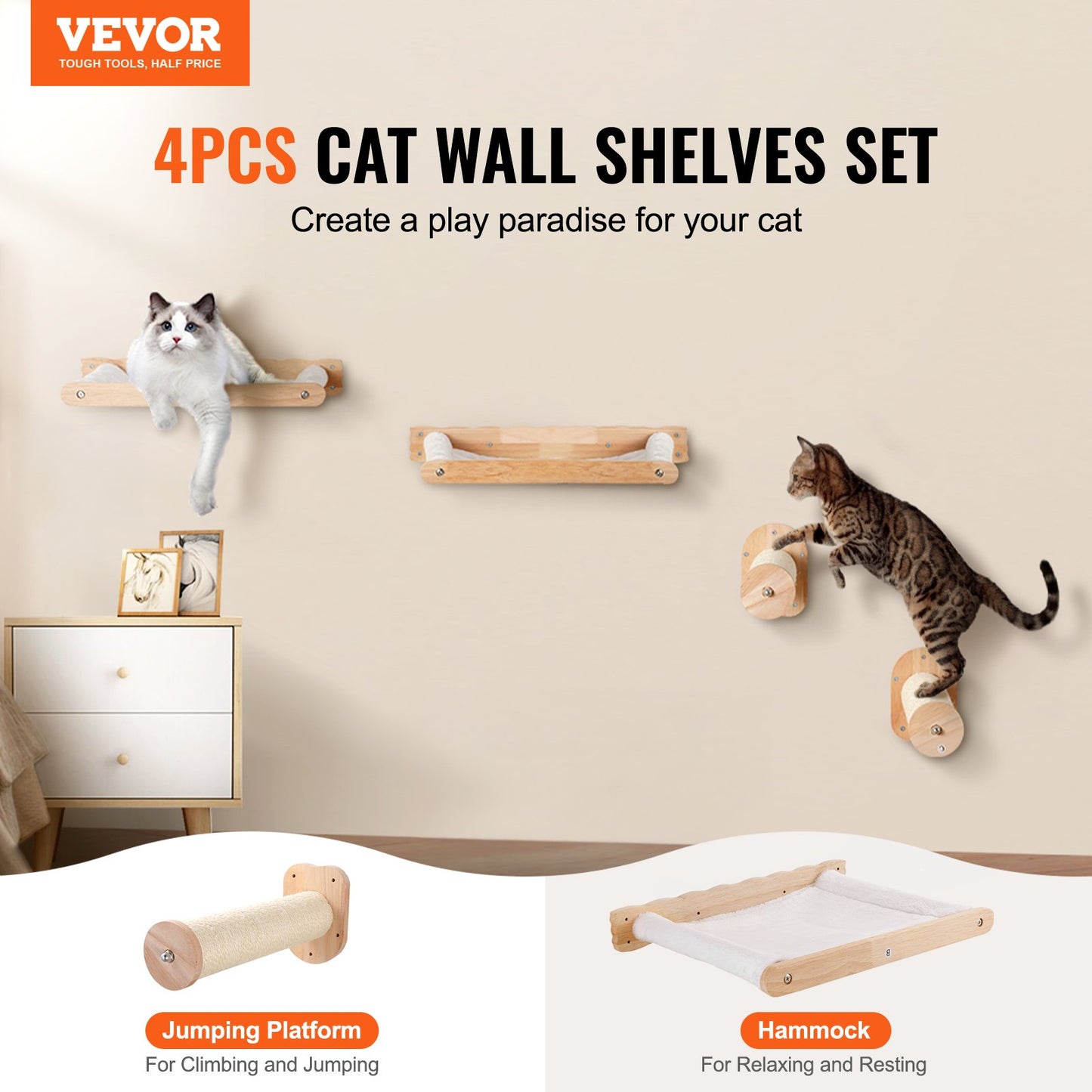 Estantes de Pared para Gatos - Set Completo con Hamaca y Postes
