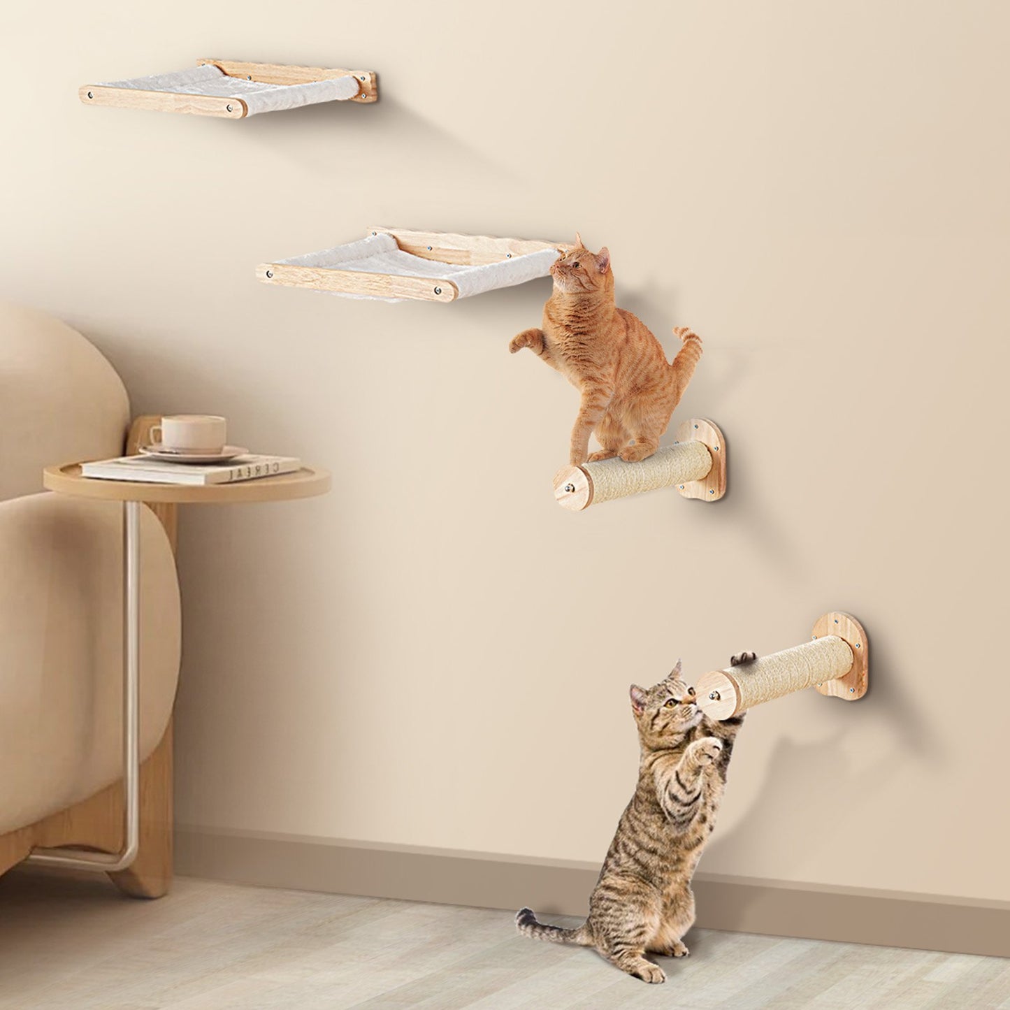 Estantes de Pared para Gatos - Set Completo con Hamaca y Postes
