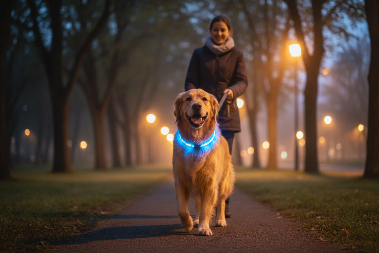 Perro con collar LED en paseo nocturno